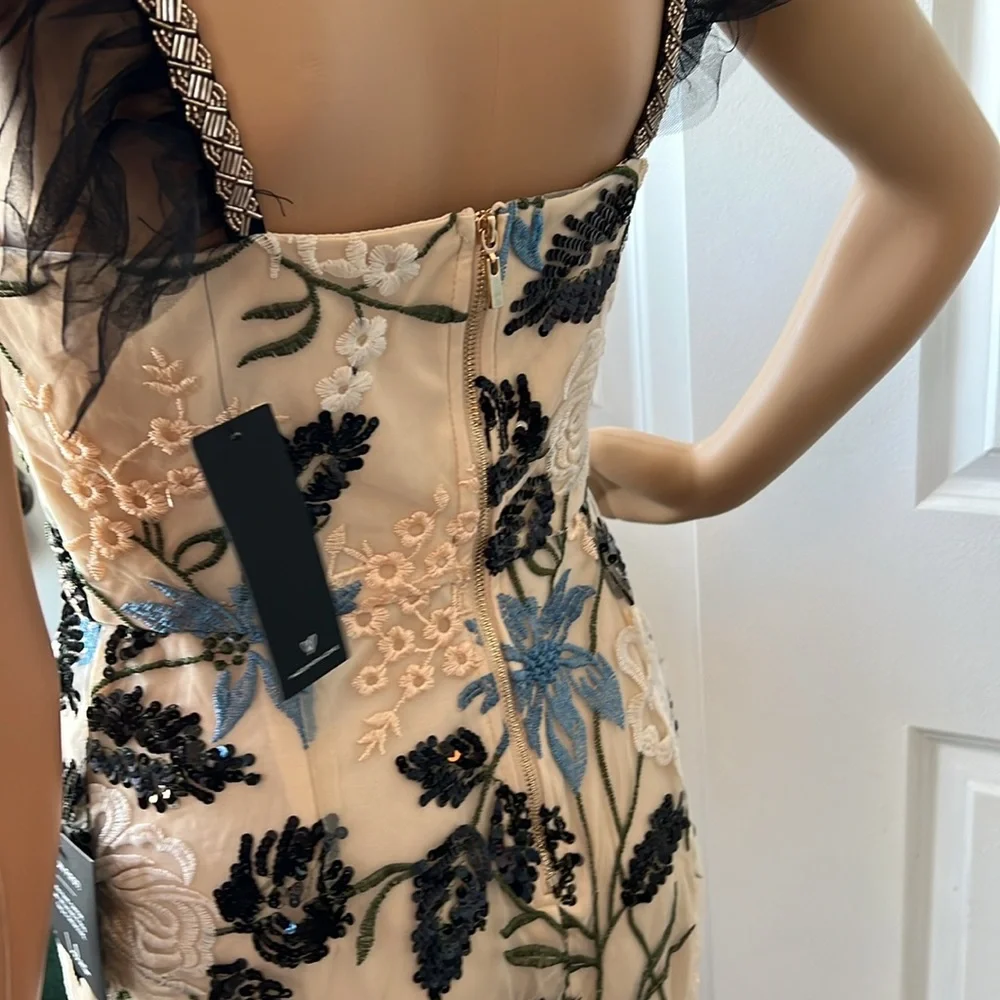NWT Lulu’s formal beaded sequin evening dress S cream embroidered overlay sexy - Picture 14 of 15